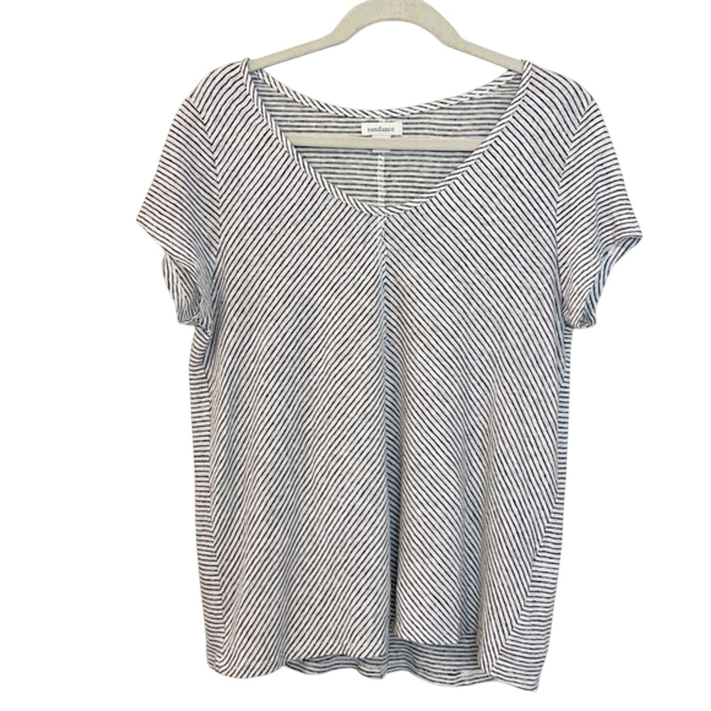 Sundance Women Small 100% Linen Striped V-Neck Short Sleeve Top White Black